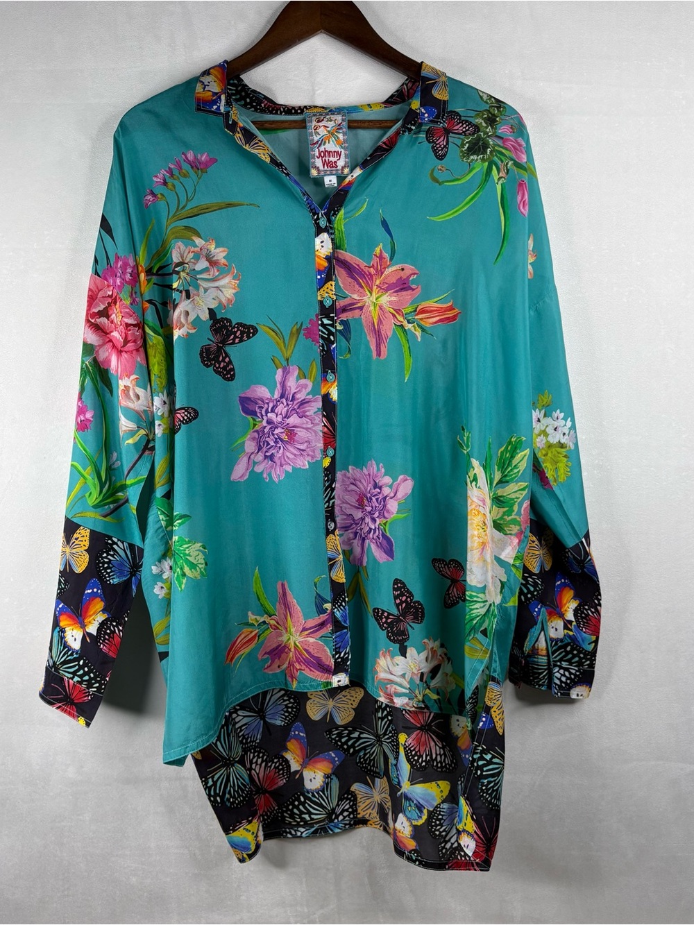 Johnny Was Womens Silk Blend Blouse Medium Teal Floral Butterfly Boho Tunic Top
